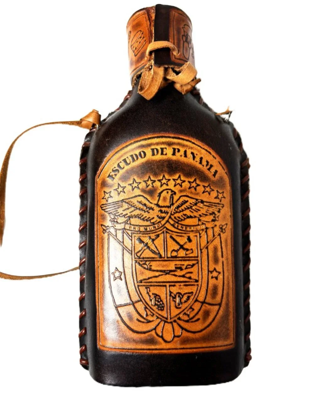VTG Panama Leather Wrapped Glass Bottle Hand Tooled Souvenir Flask Decor